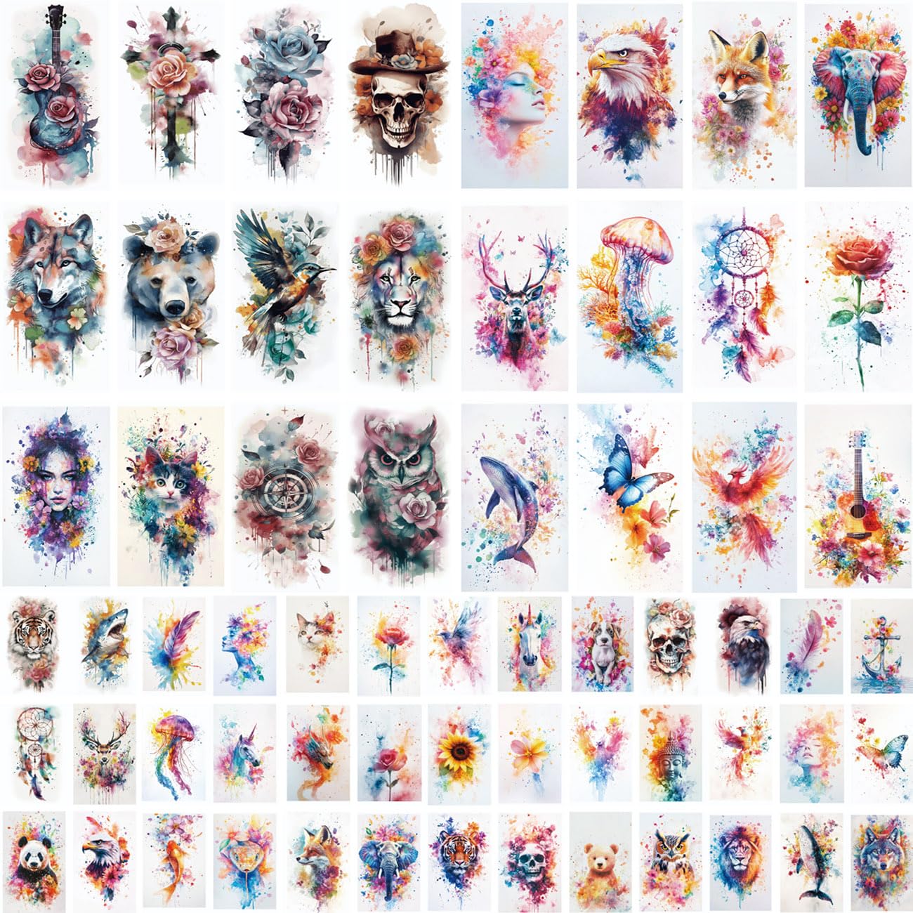 XMASIR 64 Sheets Temporary Tattoo Stickers, Large Arm Watercolor Fake Tattoos Waterproof Flower Animals Realistic 3D Roses Birds Floral Wolf Butterfly Body Art Stickers for Women and Man