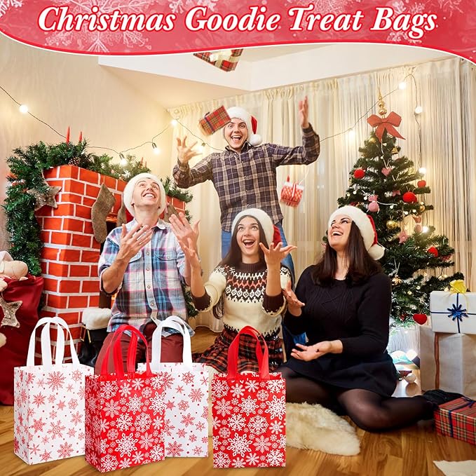 Wovnet 30 Pcs Christmas Bags Bulk Red White Snowflake Winter Merchandise Gift Bags with Handles Reusable Non Woven Tote Shopping Goodie Pouch for Xmas Party Favors 10 x 8 x 4in