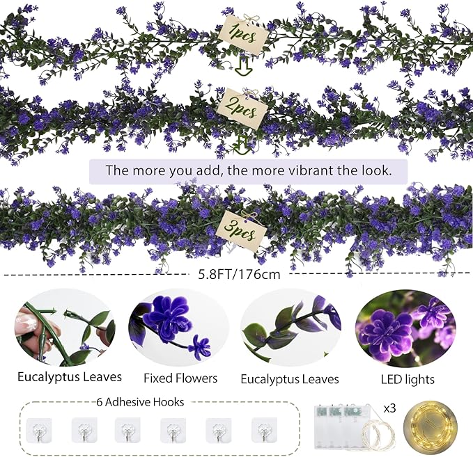 RECUTMS Faux Lighted Mantle Garland Artificial Hanging Greenery Fake Hanging Eucalyptus Leaves Vine with Lights Swag Garland for Indoor Outdoor Wall Party Mantel Wedding Table Arch Decor(Purple)