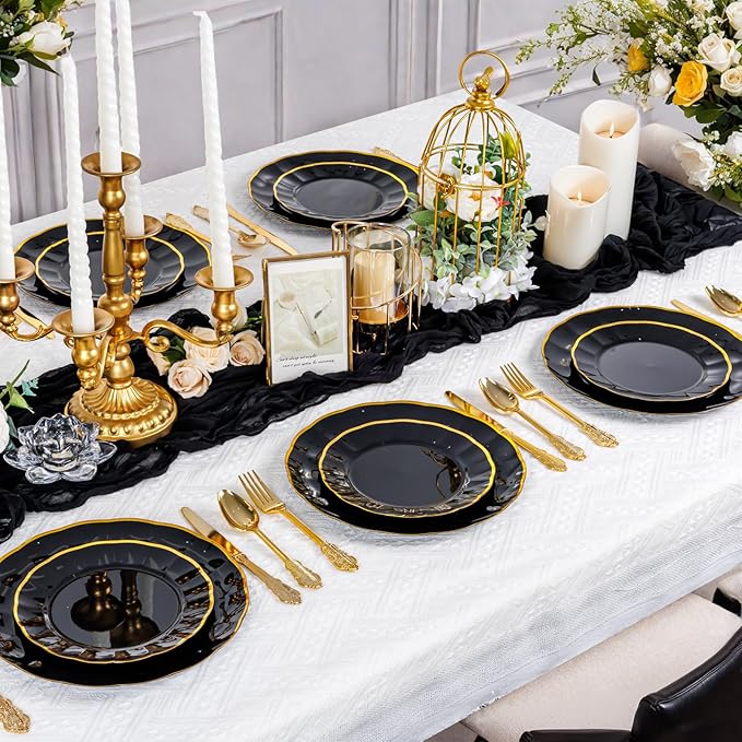 supernal 60pcs Black and Gold Birthday Plates Plastic Plates for Party and Fancy Disposable Plate Heavy Duty Scalloped Plate Wedding Disposable Dinnerware Included 30 Dessert & Dinner Plate