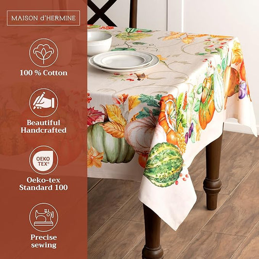 Maison d' Hermine Table Cloth Rectangle Table 100% Cotton 60 x 108 Inches Fall Tablecloth Reusable Everyday Use for Thanksgiving Christmas Decorations Dining Farmhouse Party (Lumina)