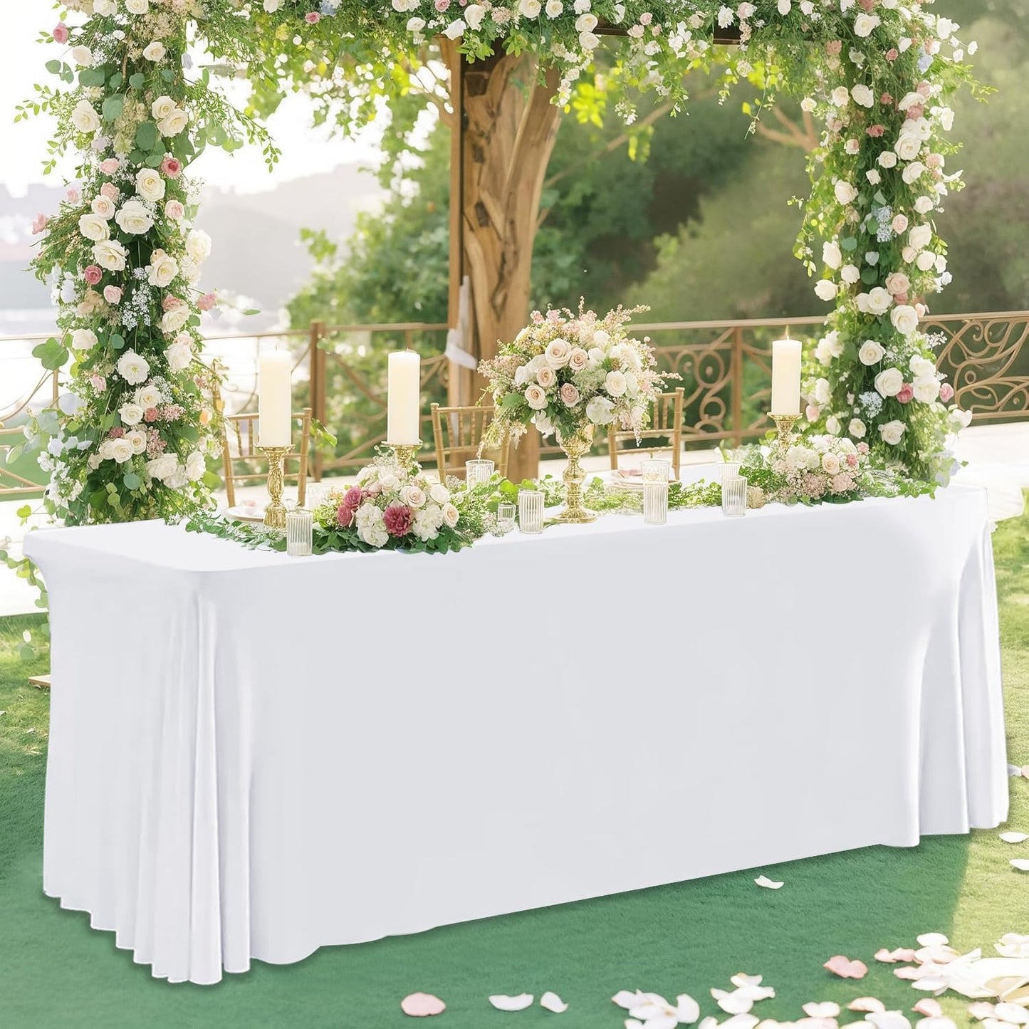 HAORUI Open Back Table Skirts, 4Pack Rectangle Wrinkle Resistant Table Clothes, Ruffles Elastic Table Cover for Banquets, Weddings, Parties (6ft White)