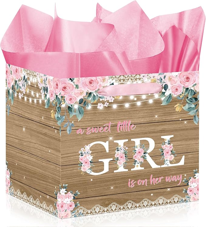 Woosytoo Extra Large Rustic Girl Gift Bag, Floral Sweet Baby Girl Square Gift Bag with Tissue Paper A Sweet Little Girl is on Her Way Wrapping Paper Bags for Baby Shower Gender Reveal Party Favors