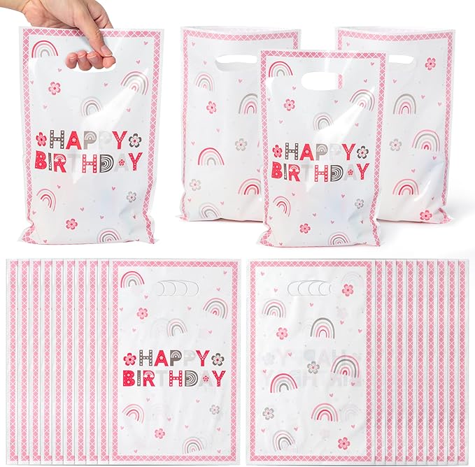 50Pcs Pink Boho Birthday Party Favor Bags, Plastic Boho Rainbow Goodie Candy Treat Gift Bag with Handles Retro Groovy Girls Kids Birthday Party Supplies Decorations