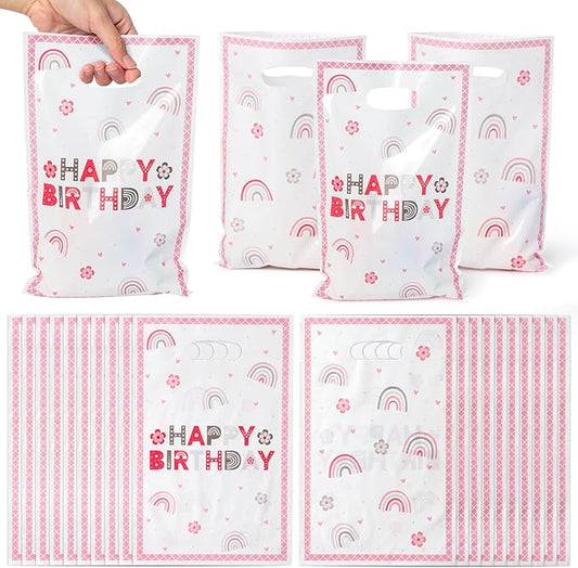 50Pcs Pink Boho Birthday Party Favor Bags, Plastic Boho Rainbow Goodie Candy Treat Gift Bag with Handles Retro Groovy Girls Kids Birthday Party Supplies Decorations