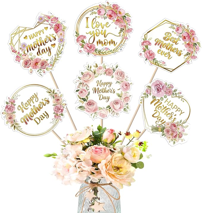 18 PCS Happy Mother's Day Centerpiece Sticks Double Sided Love Mother Best Mom Table Centerpieces Rose Flowers Love Mom Floral Decorations for Happy Mother's Day Theme Women Birthday Party Supplies
