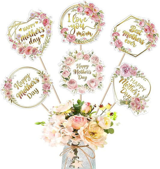 18 PCS Happy Mother's Day Centerpiece Sticks Double Sided Love Mother Best Mom Table Centerpieces Rose Flowers Love Mom Floral Decorations for Happy Mother's Day Theme Women Birthday Party Supplies