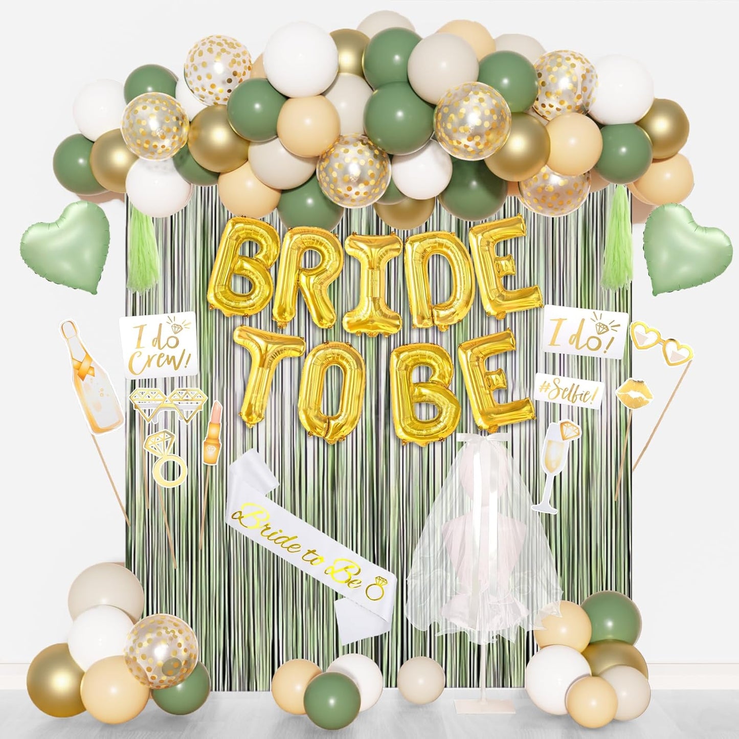 Amandir Bachelorette Party Decorations Supplies, Sage Green Bridal Shower Decorations Bride To Be Sash Veil, Nude White Gold Confetti Heart Balloons, Photo Booth Props, Fringe Curtains, Paper Tassels