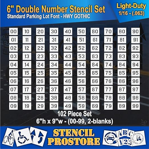 Pavement, Curb, and WheelStop Stencils - 6 inch Double Number Stencil Set - (00-99) - (102 Piece) - 6" x 9" x 1/16" (63 mil) - Light-Duty
