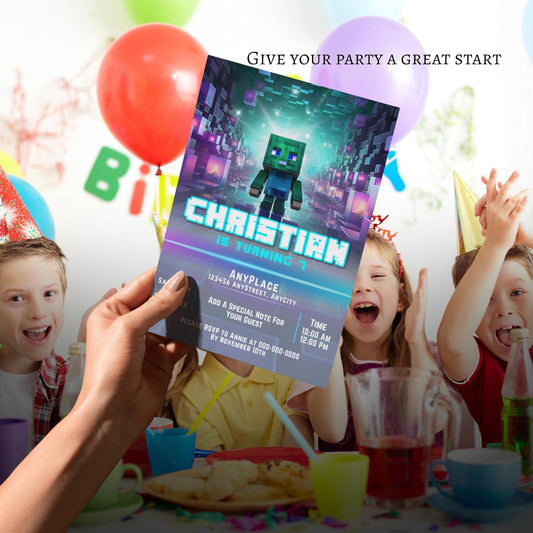 Fully Customizable minecraft Birthday Party Invitations, 4 x 6 inches, with Self-Sealing Envelopes, Gaming Theme Design, minecraft Birthday Invitations for Boys and Girls (Minecraft/Block)