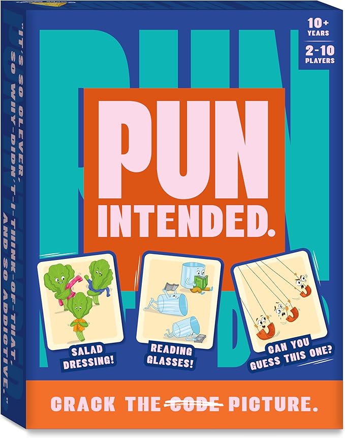 Gouda Games Pun Intended - Hilarious Picture Guessing Card Game for Families & Adults, Fast-Paced Wordplay Fun, Gifts for Pun & Game Lovers, 2-10 Players