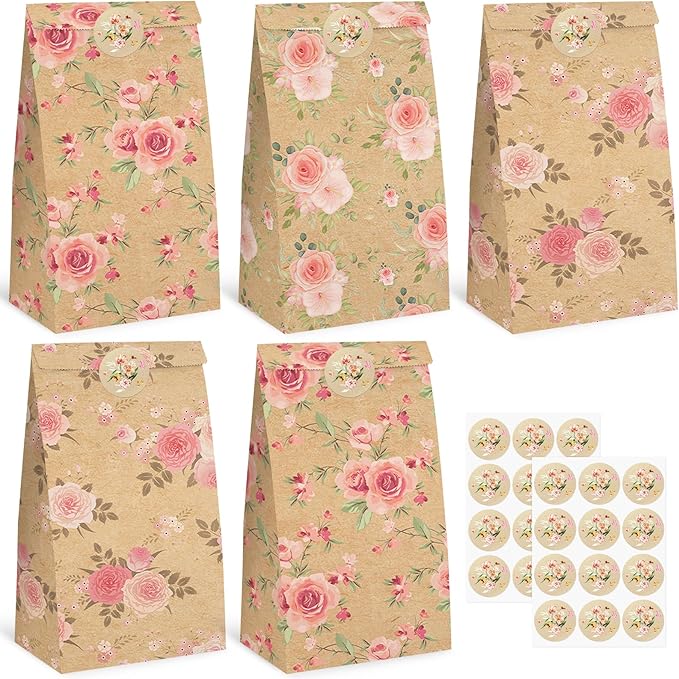 VGOODALL 24 Pack Party Favor Bags, 4.7x3.1x8.7 Inch Small Gift Bags with Stickers Floral Party Favor Treat for Birthday Baby Shower Wedding Gift Packaging Supplies