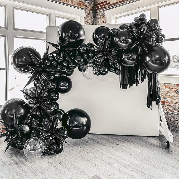 Black Star Balloons,9Pcs 22Inch Black Explosion Spike Cone Helium Polyester Film Star Foil Balloons for Birthday Anniversary Baby Shower Wedding Disco Party Decorations