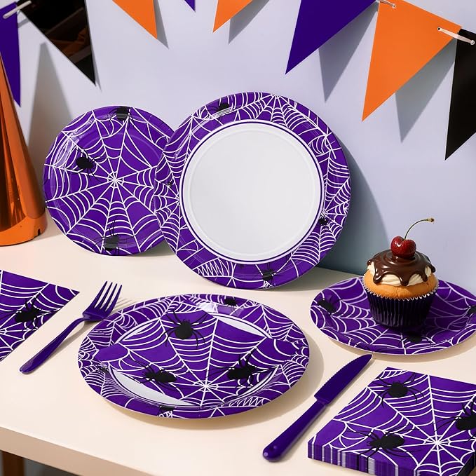 Paper Plates & Napkins, 25 Guest Disposable Party Supplies, Spider Webs and Spider Patterns Tableware Decorations Favors, 75pcs Including 9" & 7" Plates & Napkins for Halloween, Birthday, and Parties
