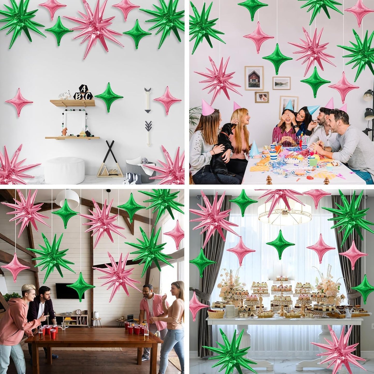 Pink Green Star Balloons,6Pcs 22Inch Explosion Star Balloons and 10Pcs 10Inch Four Angle Balloon Kit for Witch Birthday Anniversary Disco Party Decorations