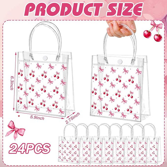 Tioncy 24 Pcs Cherry Party Favor Bags Pink Bow Red Cherries Clear PVC Gift Bags with Handles Candy Treat Basket for Little Cutie Baby Shower Decorations Wedding Birthday Summer Party Supplies