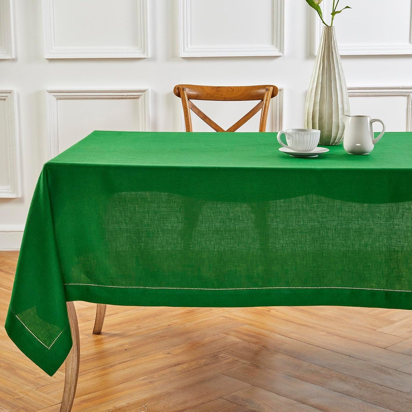 Solino Home Garden Green Linen Tablecloth 60 x 120 Inch - 100% Pure Linen Hemstitch Table Cloth for Rectangle Tables - Classic Hemstitch, Machine Washable Tablecloth for Christmas