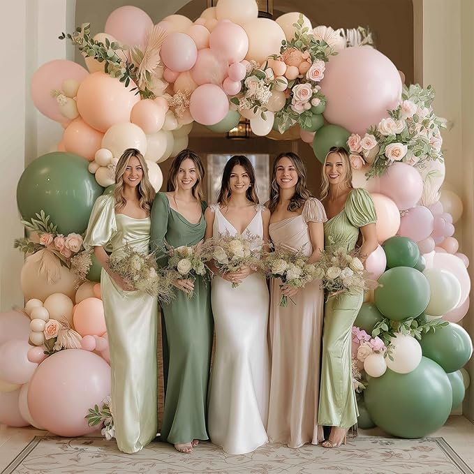 Pink and Green Balloon Arch Kit, Pink White and Green Balloon Arch Kit with Mixed Size Sage Green Pastel Pink Sand White Light Orange Balloons for Wedding Birthday Party Bridal Shower Decorations