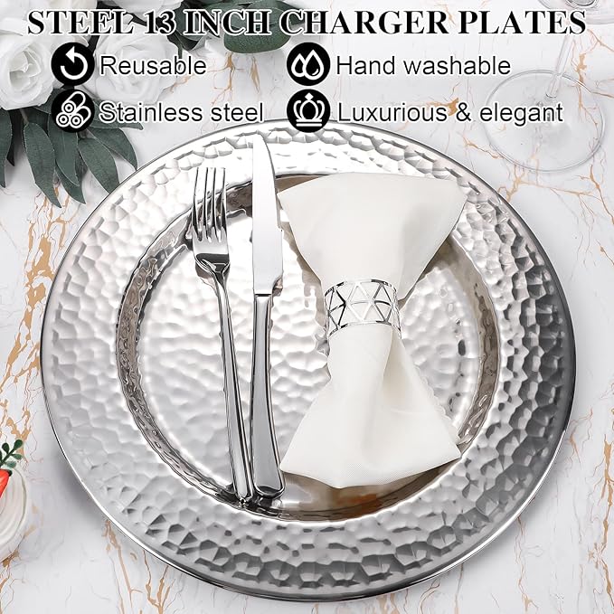 12 Packs Chargers Plates Bulk 13 Inch Stainless Steel Hammered Rim Round Elegant Dinner Plates Luxury Decorative Chargers for Wedding Party Catering Upscale Events (Silver)