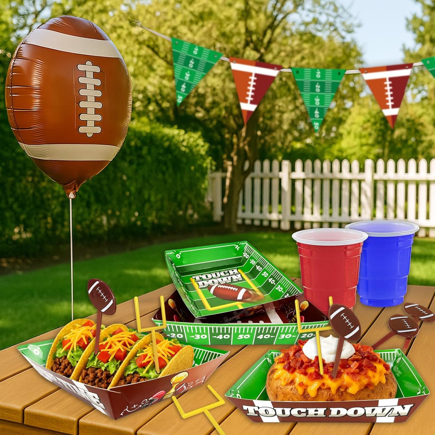 50-Piece Football Party Food Tray Box Kit - 30 Oil-Resistant Paper Snack Trays & 20 Goalpost and Football Picks for Nachos, Popcorn, Chips at Super Bowl, Tailgate, College Games, Sports Birthdays