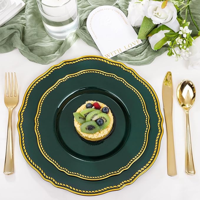 Hioasis 60pcs Green Plastic Plates - Green and Gold Disposable Dinnerware with Gold Rim, Heavy-duty, 7.5 inch, Dessert Plates for Party & Christmas& St. Patrick's Day