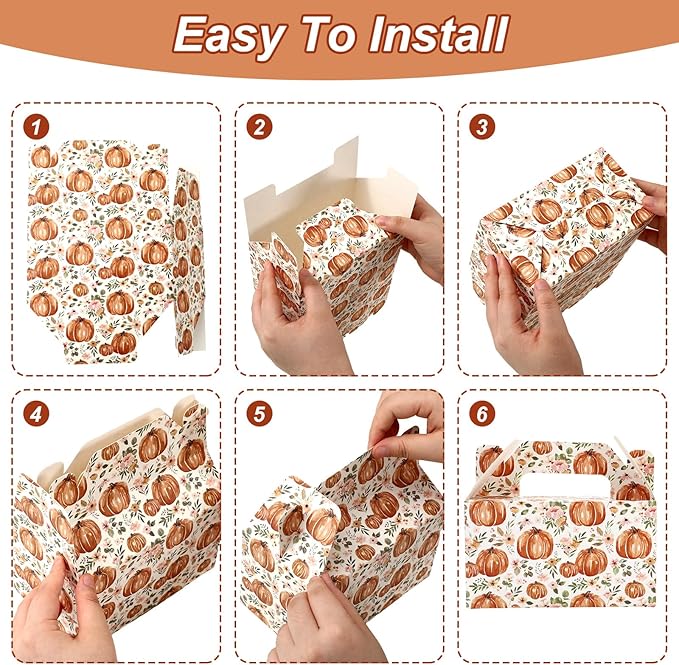 24Pcs Fall Pumpkin Treat Box with Handle Floral Pumpkin Goodie Candy Bags Autumn Cardboard Gift Box for Thanksgiving Cookie Candy Wedding Baby Shower Party Favors