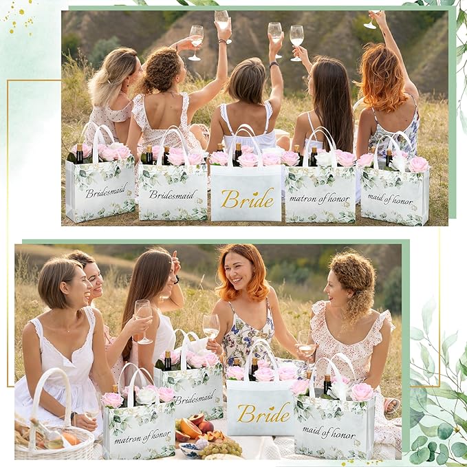 Set of 12 Greenery Eucalyptus Bridesmaid Tote Bags Large Reusable Bridal Shower Gift Bags with Handle for Wedding Bridal Shower Proposal Bachelorette Supplies 11.8 x 3.9 x 9.8 Inch