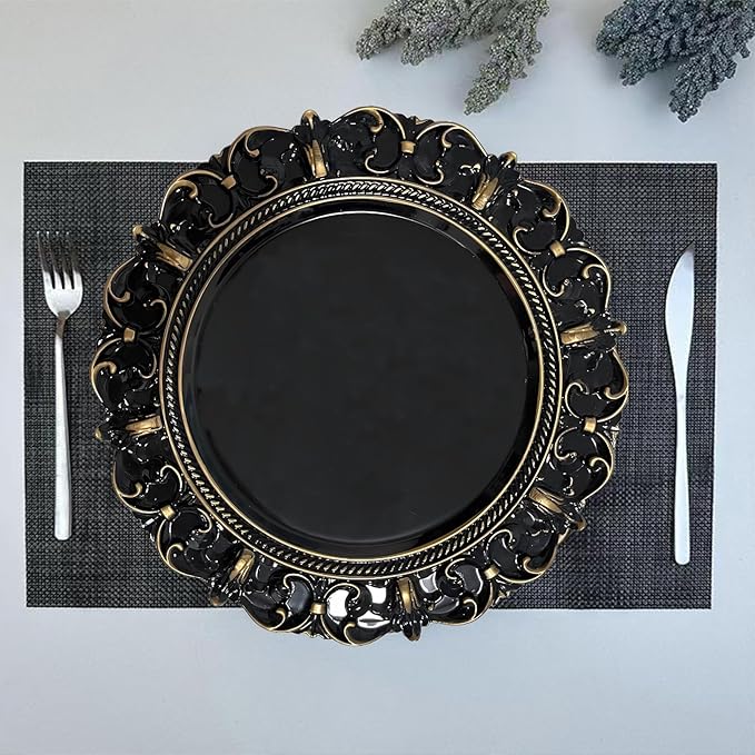 6 Pack Black Charger Plates 13" Round Charger Plates for Dinning Plates with Embossed Rim Plastic Charger for Dinner, Wedding, Elegant Tableware Decor