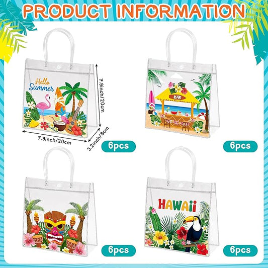 H1vojoxo Summer Hawaiian Gift Bags - 24PCS Hello Summer Clear Gift Bags with Handle 7.9 x 3.2 x 7.9 Inch Reusable PVC Plastic Transparent Waterproof Tote Bag for Hawaiian Party Birthday Party Supplies