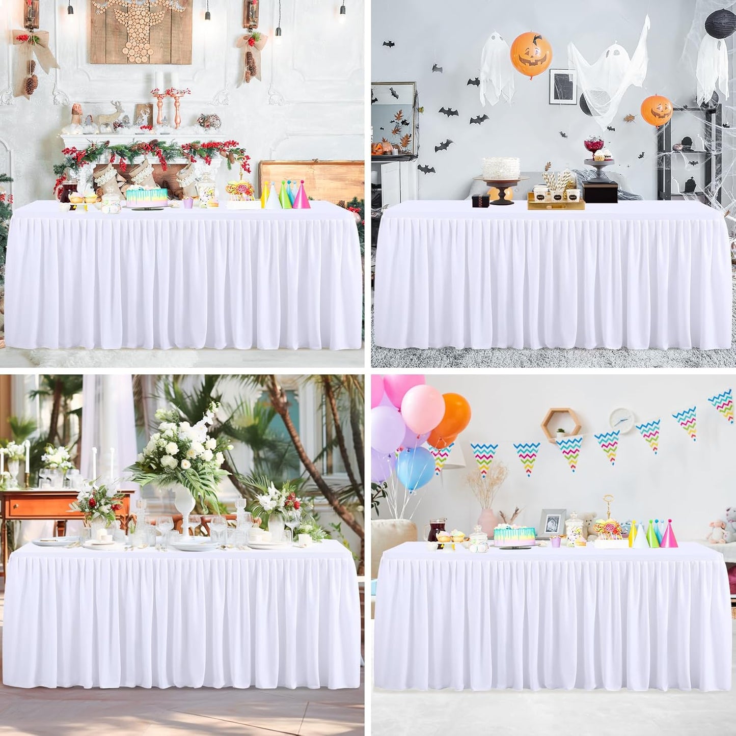 White Tablecloth Rectangle Tables 6FT, Polyester Wrinkle Free Stretch Table Skirt for Rectangle Tables 6ft Pleated Ruffle Fitted Table Cover with Skirt for Weddings Birthday Banquet Baby Shower