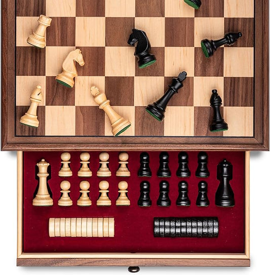 A&A 15 inch Walnut Wooden Chess Set with Storage Drawer, Triple Weighted Pieces, 3.0 inch King Height, Walnut & Maple Inlay, 2 Extra Queen, Classic 2 in 1 Chess and Checkers Board Game