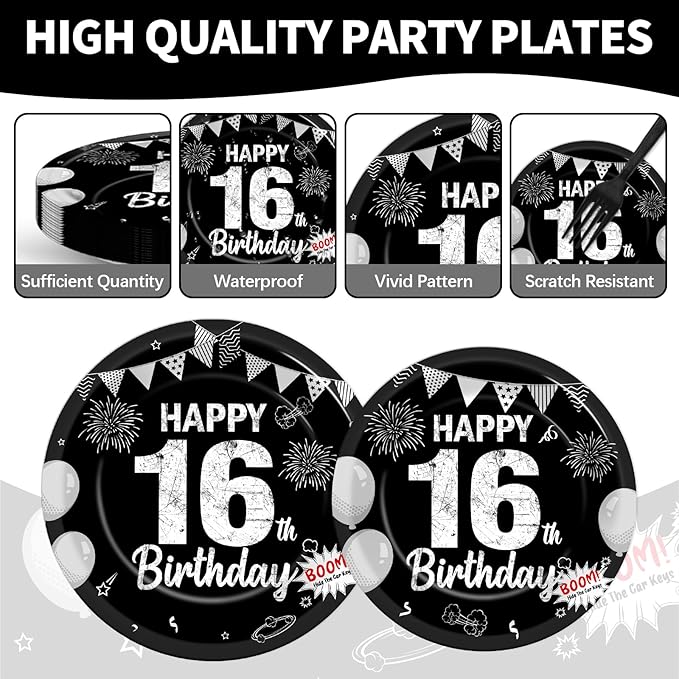 96PCS 16th Birthday Party Paper Plates and Napkins Black Silver 16th Birthday Supplies for Boys and Girls Disposable Dessert Plates Happy 16 Year Old Party Kids Birthday Gatherings Decorations