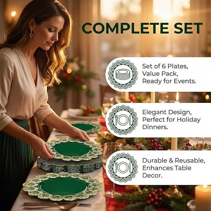 Green Charger Plates with Flower Rim, 13" Round Charger for Dinner Plates, Set of 6 Plastic Plate Chargers for Halloween, Thanksgivng, Christmas.