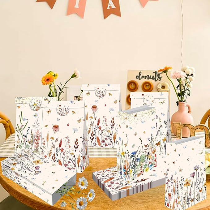 12 PCS Wildflower Party Favor Gift Bags Boho Floral Small Candy Goodie Bags Boxes with Stickers Wildflower Bridal Shower Birthday Wedding Party Supplies