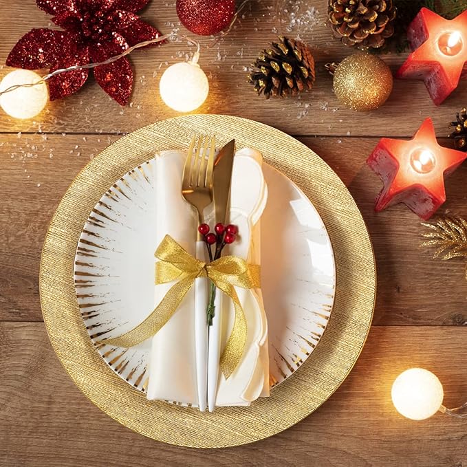 Jucoan 12 Pack Gold Charger Plates for Dinner Plates, 13 Inch Round Plastic Shiny Texture Strip Charger Plates for Wedding Thanksgiving Christmas Party Event Catering Hotel Tabletop Setting Decor