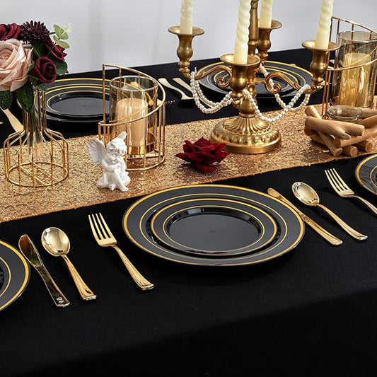 100PCS Black Plastic Plates, 10 Inch Disposable Dinner Plate Party with Gold Rim, Heavy Duty Disposable Plastic Plates for Party, Wedding and Birthday
