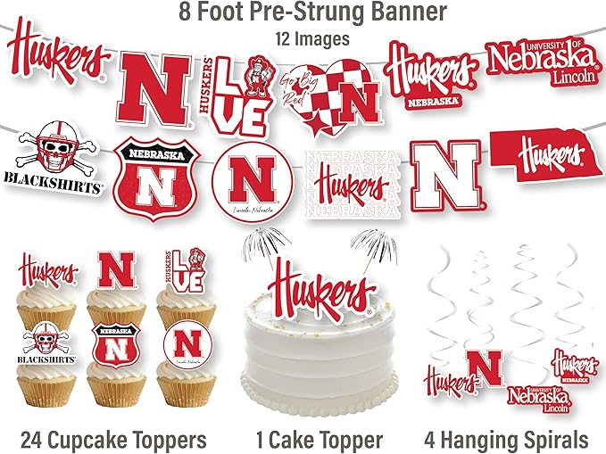 Nebraska Huskers Party Supplies for Football, Birthday Gift, Graduation Party Banner and Cake Toppers (42 Pieces) (Nebraska Cornhuskers)