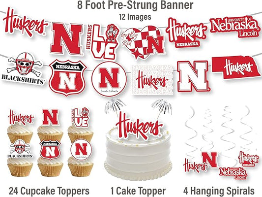 Nebraska Huskers Party Supplies for Football, Birthday Gift, Graduation Party Banner and Cake Toppers (42 Pieces) (Nebraska Cornhuskers)