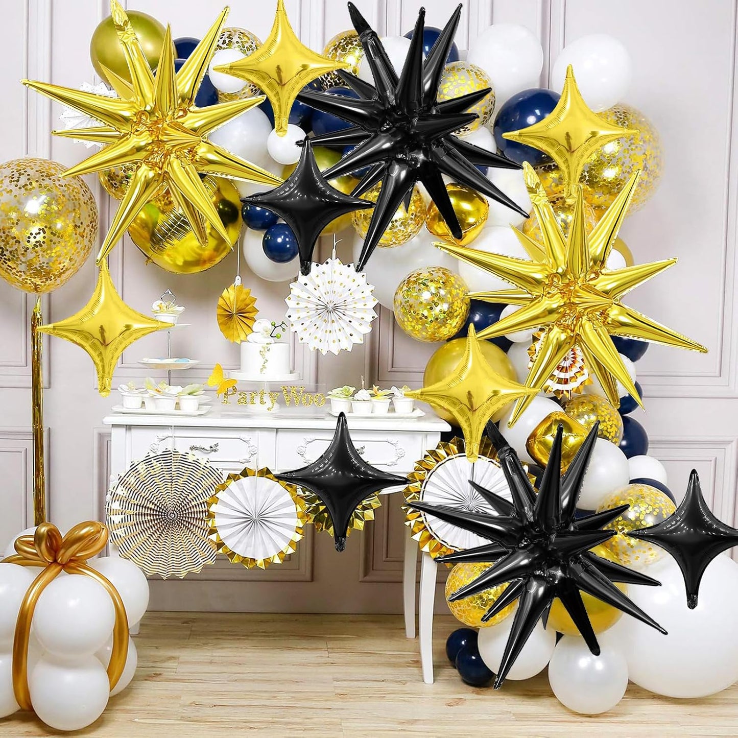 Black Gold Star Balloon,Black Gold 6Pcs 22Inch Explosion Star Balloons and 10Pcs 10Inch Four Angle Balloons Kit for New Year Birthday Graduation Anniversary Baby Shower Wedding Party Decorations