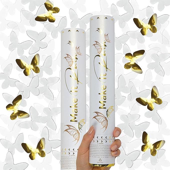 PrimePure Confetti Cannon Party Poppers - Butterfly White Confetti Poppers - 2 Pack - White Paper & Gold Butterfly Pop Gun for Wedding Send Off, Bridal Shower, Birthday, Parties