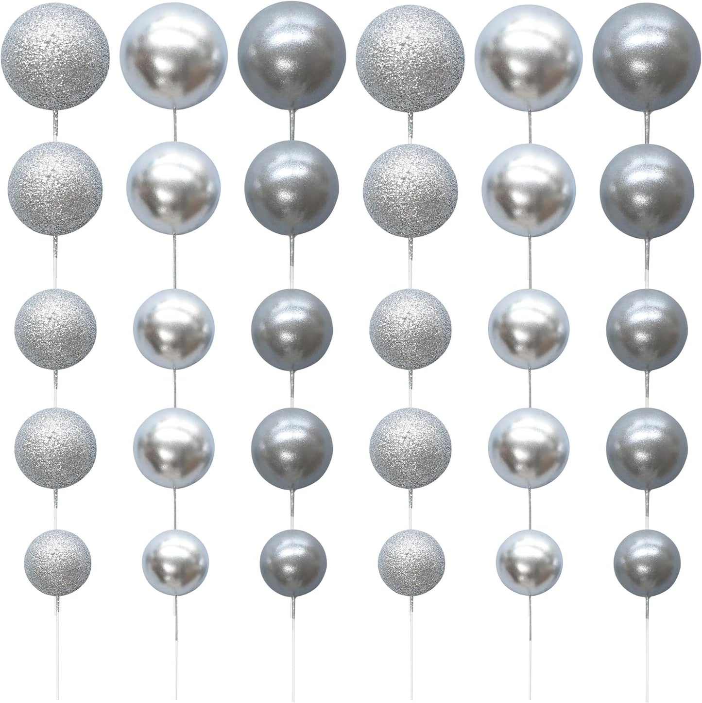 Ephlyn 30Pcs Ball Cake Picks Colorful Ball Shaped Cake Topper Pearl Balls Cupcake Cake Insert Topper for Birthday Party Decoration Supplies Pearl Silver Glitter Silver