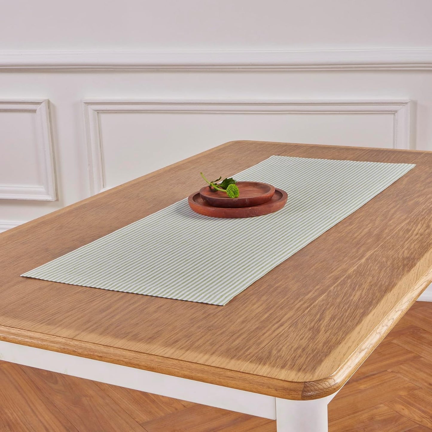 Solino Home Linen Striped Table Runner 60 Inches - Narrow Stripe, 100% Pure Linen Avocado and White Small Table Runner 14 x 60 Inch Ideal for Dresser and Coffee Tables - Fall, Thanksgiving, Christmas