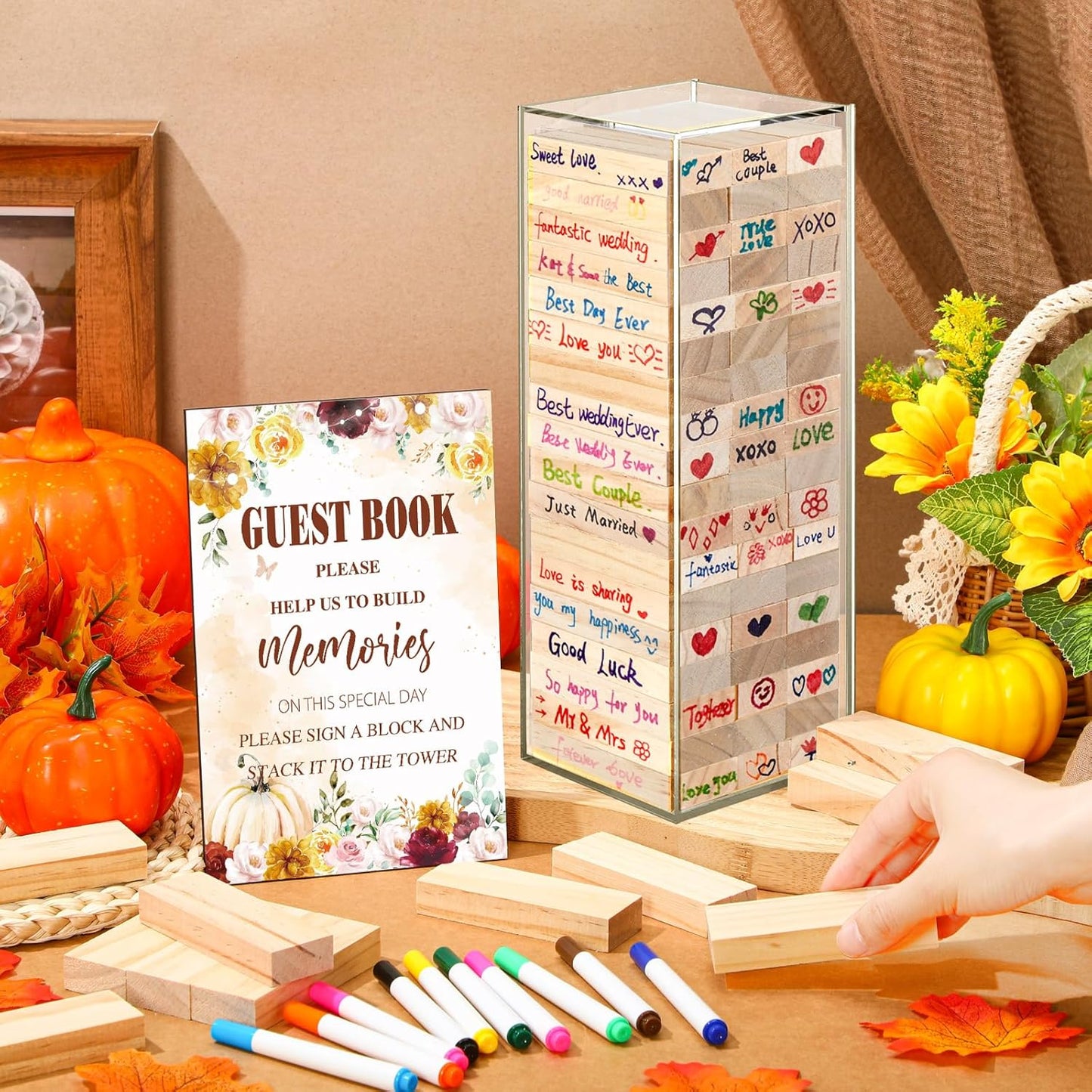 80 Pcs Wedding Guest Book Alternative Wooden Block Guest Book for Wedding Sign in Bridal Shower Decoration Wooden Block Bridal Shower Game for Sign in, Reception (Pumpkin)