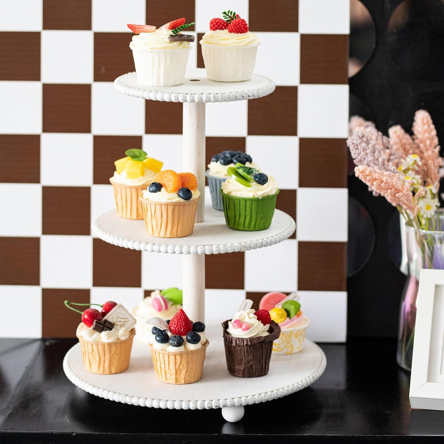 3-Tiered Cupcake Stand, White Wooden Beaded Cupcake Tower for Home Decoration, Farmhouse Cake Stand 3-Tiered Tray for Display Birthday Wedding Baby Shower Tea Party Decor