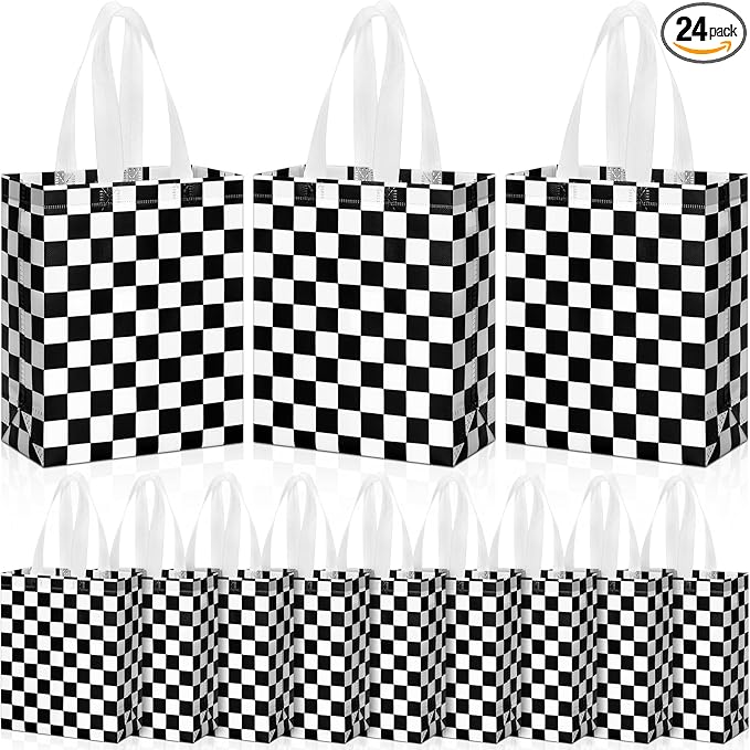 Supervitae 24 Pack Checkered Racing Gift Bags Race Car Party Favors Bag Black and White Reusable Totes Non Woven Candy Totes for Race Car Themed Birthday Party Supplies(9.8" x 7.9" x 3.9")