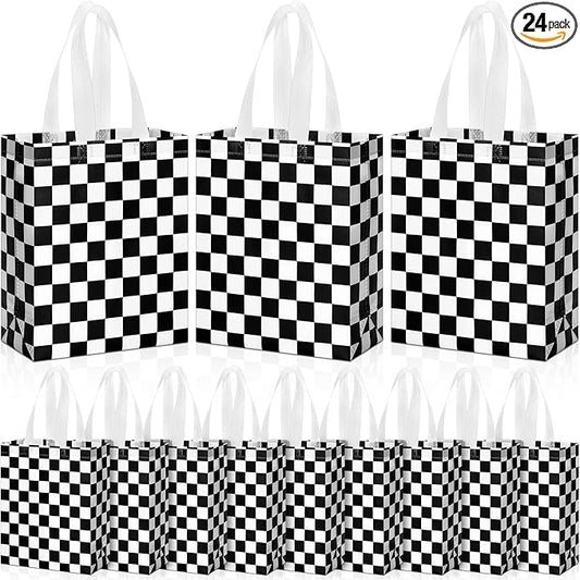 Supervitae 24 Pack Checkered Racing Gift Bags Race Car Party Favors Bag Black and White Reusable Totes Non Woven Candy Totes for Race Car Themed Birthday Party Supplies(9.8" x 7.9" x 3.9")