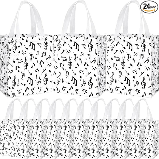 Supervitae 24 Pack Music Theme Gift Bags Medium Black Music Notes Party Favor Bags Musical Reusable Totes Non Woven Goodie Totes for Wedding Birthday Baby Shower Family Travel(9.8" x 7.9" x 3.9")