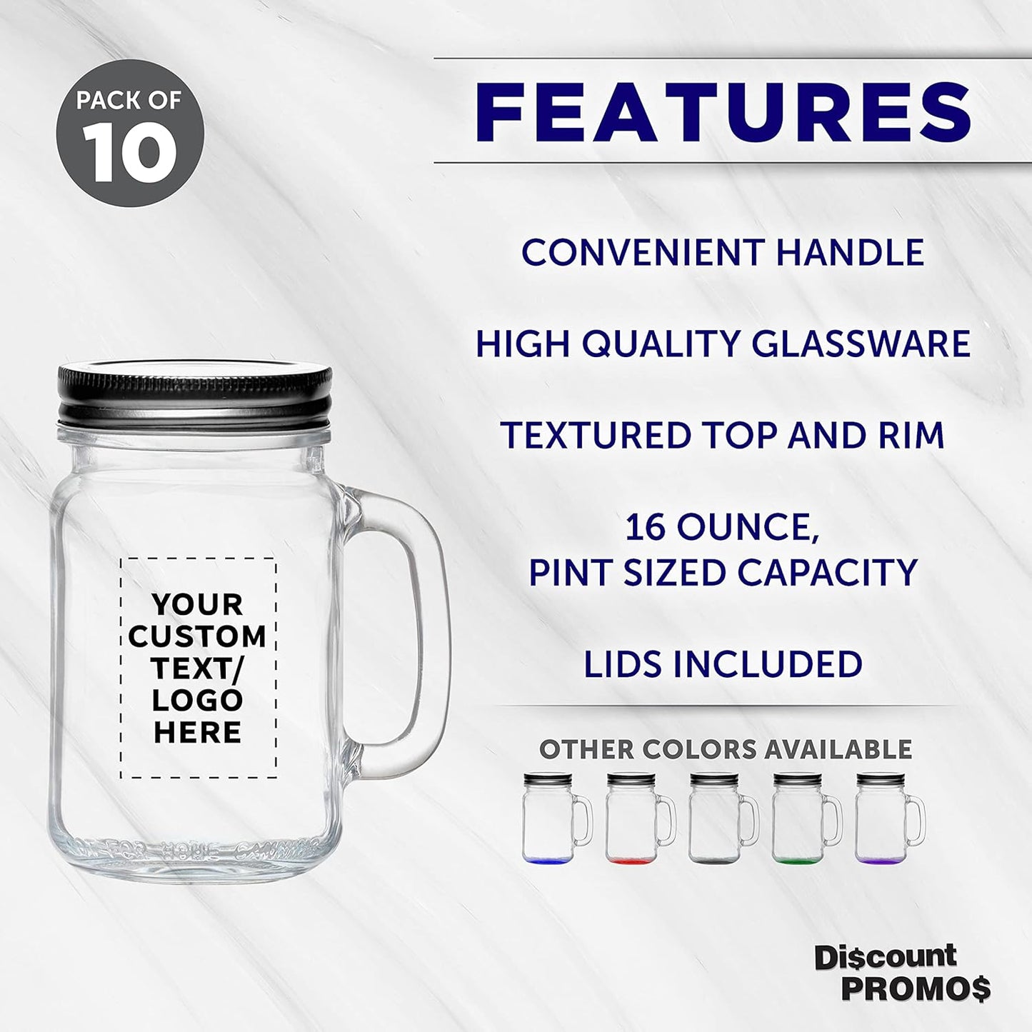 DISCOUNT PROMOS Custom Libbey Handle Mason Jars w/Lids 16 oz. Set of 10, Personalized Bulk Pack - Traditional style, High standard - Clear