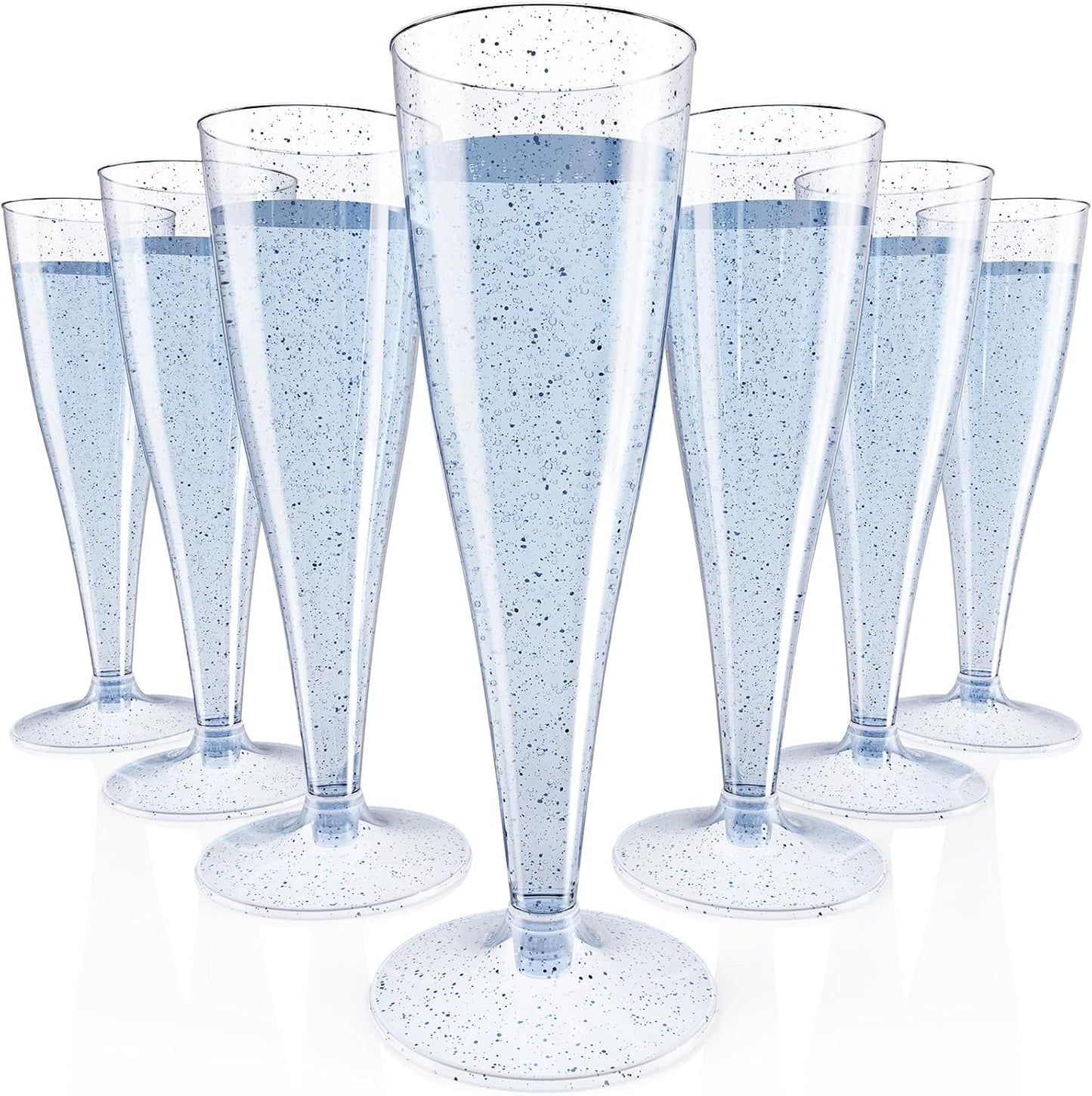 JOLLY CHEF 100 Pack Plastic Champagne Flutes Disposable 4.5 oz Blue Glitter Plastic Champagne Glasses Suitable for Wedding, Thanksgiving Day, Christmas