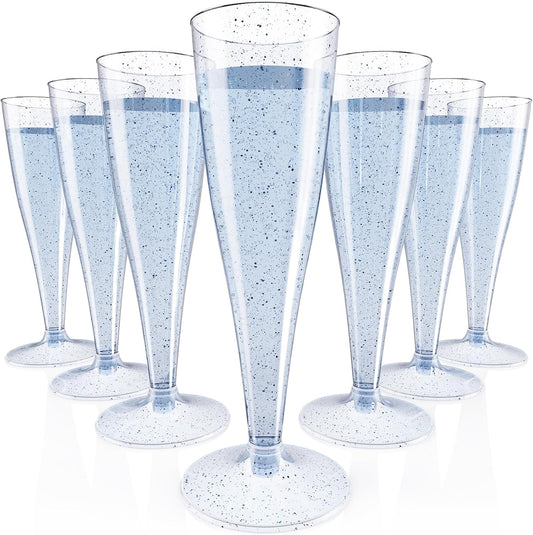 JOLLY CHEF 100 Pack Plastic Champagne Flutes Disposable 4.5 oz Blue Glitter Plastic Champagne Glasses Suitable for Wedding, Thanksgiving Day, Christmas